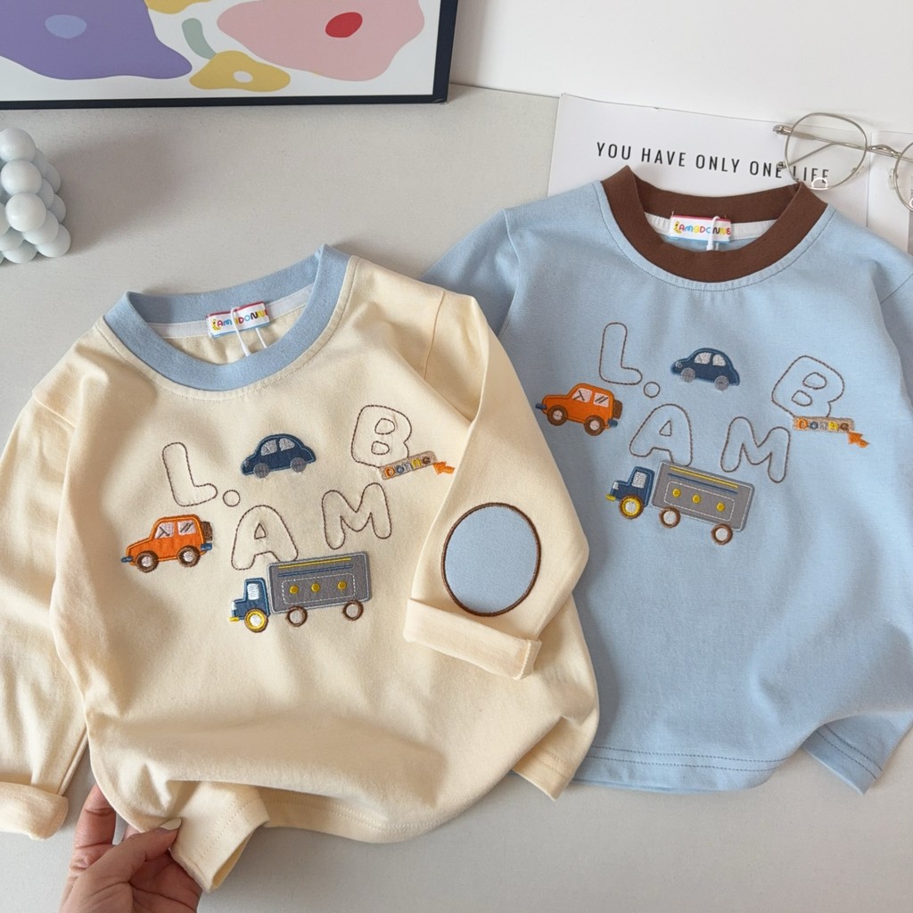 Crianças camiseta de manga comprida ~ primavera novo estilo meninos dos desenhos animados topos bebê puro algodão bonito