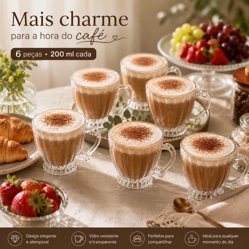 Xícaras de Chá Café 200ml Itália Jogo 6 Peças Canecas Cristal Brilhante Luxuoso Conjunto Expresso