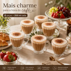 Xícaras de Chá Café 200ml Itália Jogo 6 Peças Canecas Cristal Brilhante Luxuoso Conjunto Expresso