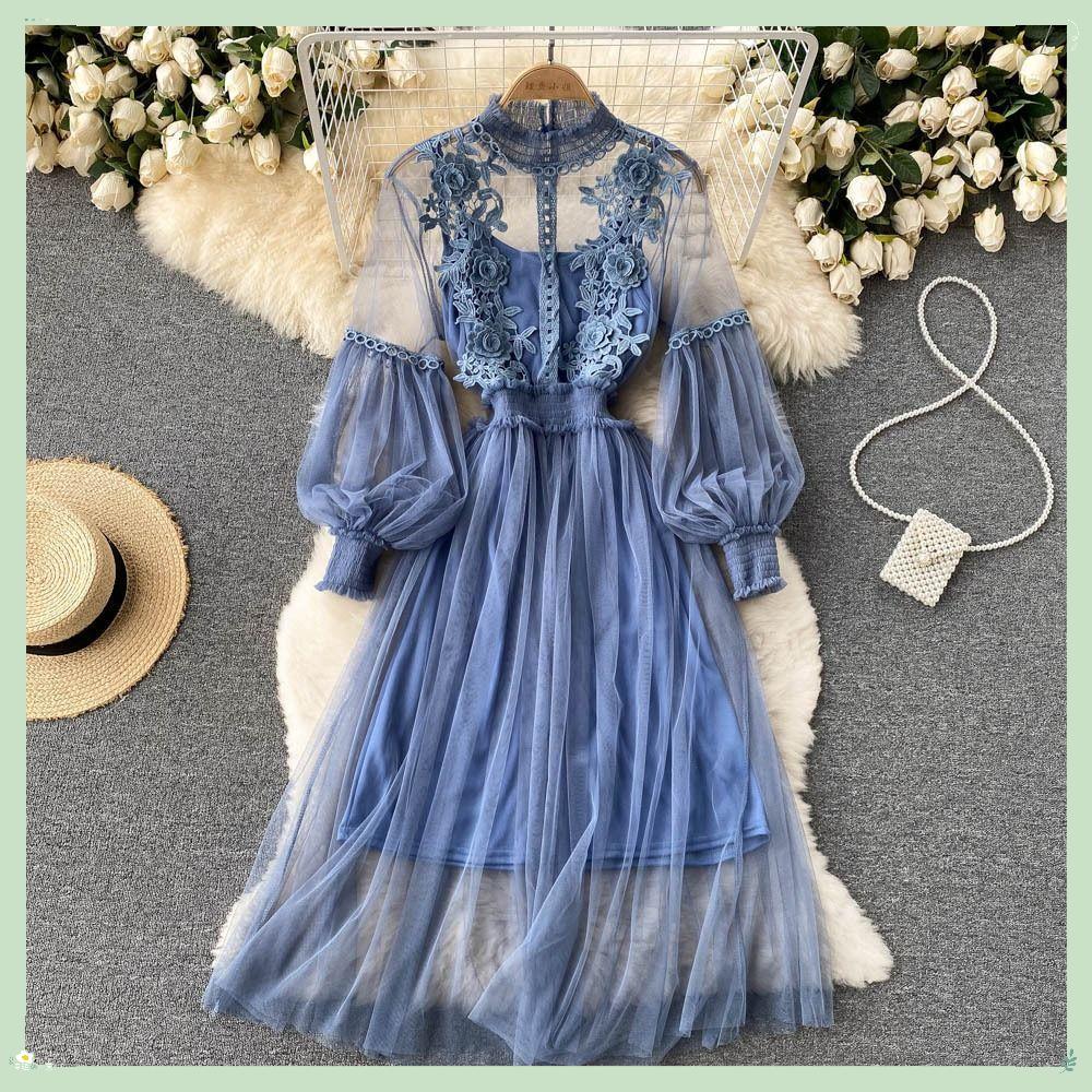 2 Pçs/Set Vestido De Malha , Renda Puff Verão Flor , Emagrecimento Coreano Elegante Vestidos Longos Femininos