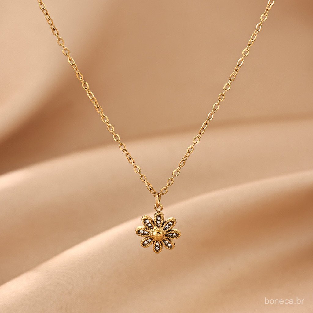 Colar com Pingente de Girassol em Aço Inoxidável Banhado a Ouro 18k com Zircônia Incrustada, Corrente para Clavícula Fem