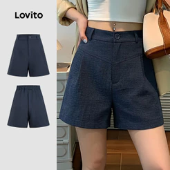 Lovito Shorts Casuais Textura para Deslocamento Lazer Shorts Azulmarinho para mulheres L200AD213