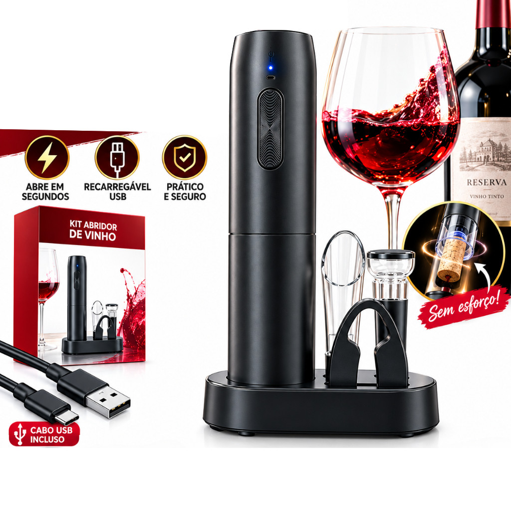 Kit Abridor De Vinho Elétrico 4 Peças Recarregável USB Saca-Rolhas Automático