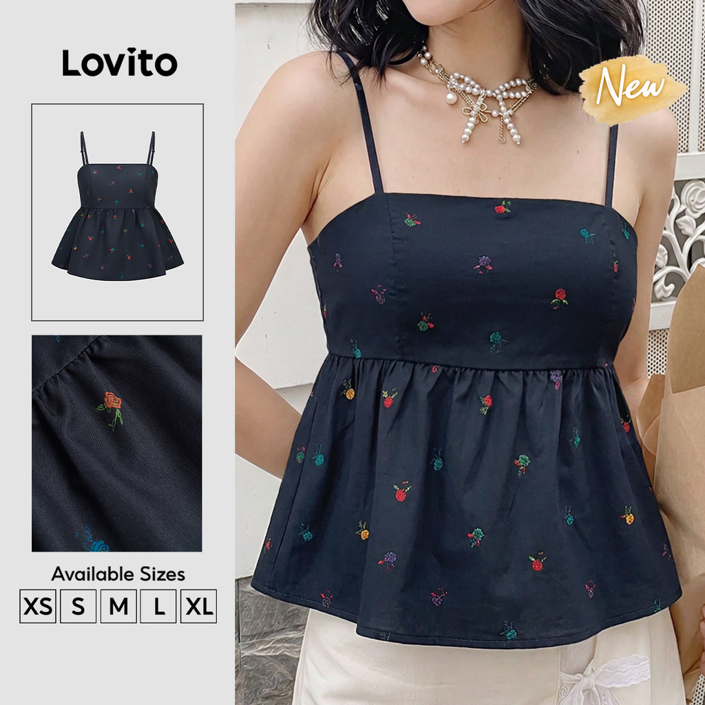 (New Arrival) Lovito Casual Top Sem Mangas Azul Escuro Floral Miúdo Ombro À Mostrar Alça Ajustável Primavera Verão Fim De Semana Para Mulheres TKB204P1D058
