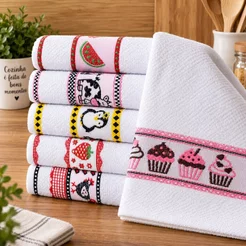 Kit 5 Pano de Prato Branco Jacquard Atoalhado 70x45cm Pano de Copa 100% Algodão Gourmet Felpudo Absorvente Cozinha