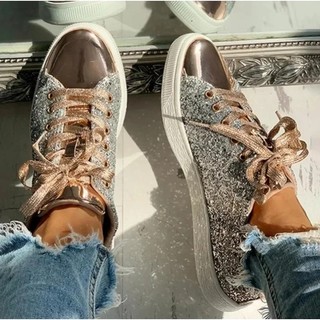 Tênis femininos com detalhes brilhantes, sapatos dourados, modelo casual, respiráveis, com cadarço, para atividades ao a