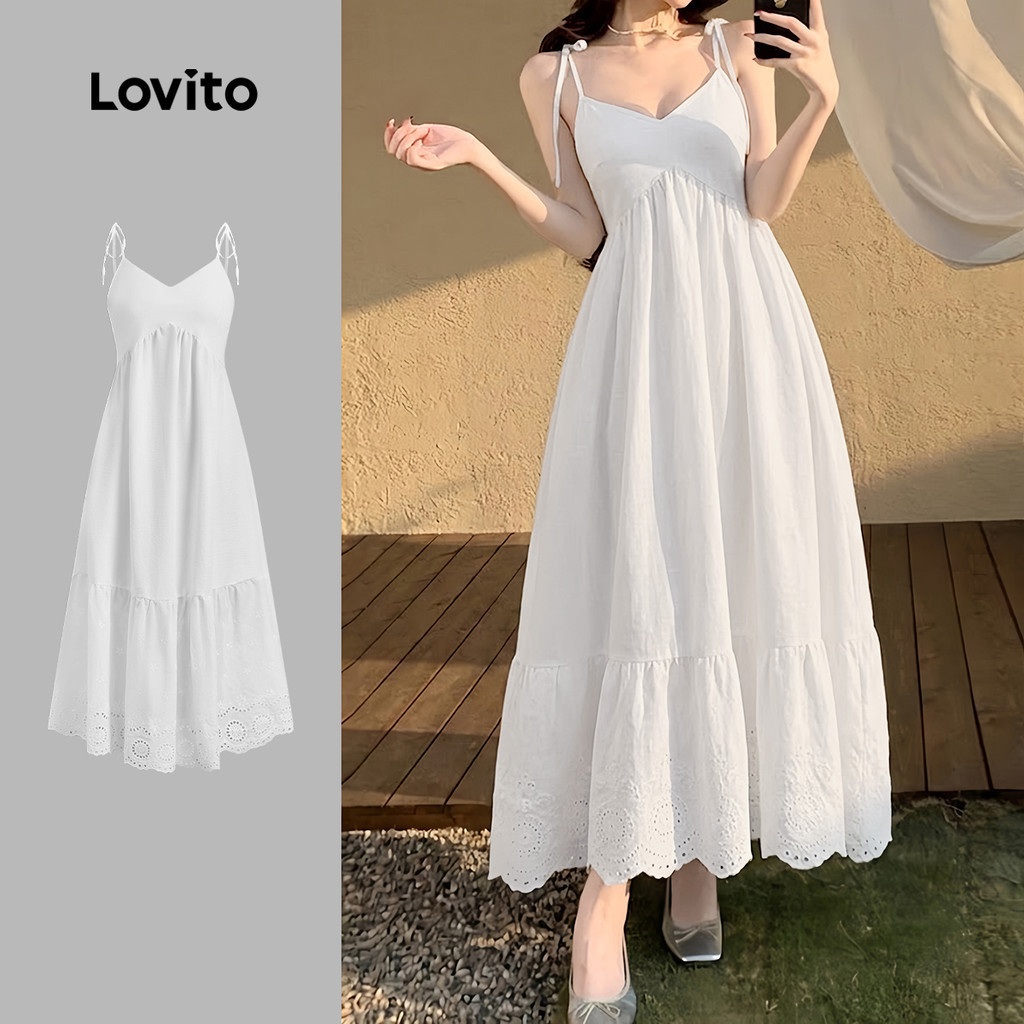 Lovito Tecido com Padrão Boho Costura Vestido Branco de Primavera/verão para mulheres DRK8P1D644