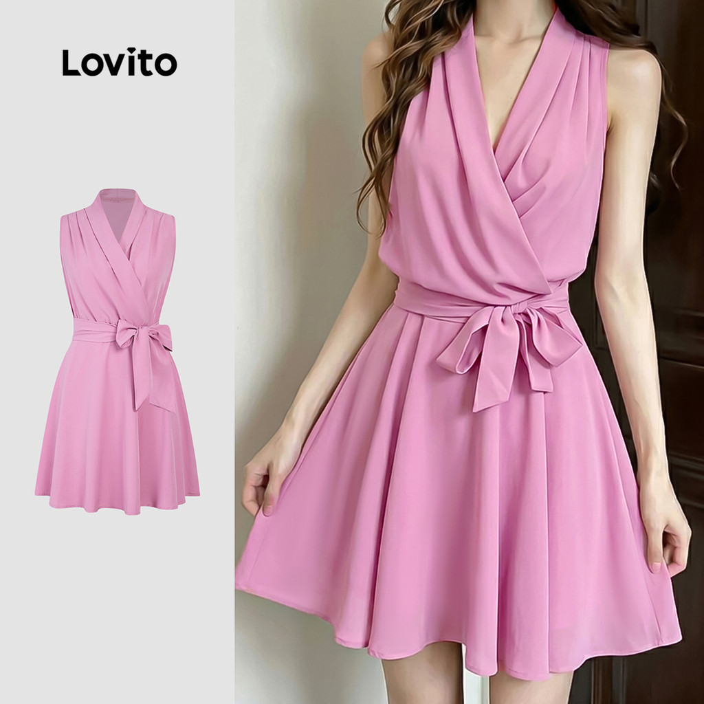 Lovito Vestido Casual Simples com Pregas para Mulheres Na Primavera/verão Rosa L198ED3131