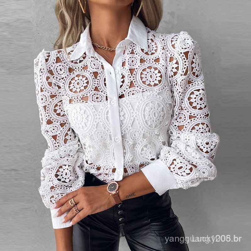 Nova Camisa de Renda Camisa Branca Top Elegante Roupa Feminina Elegante 2024 Camisa de Escritório Primavera Outono