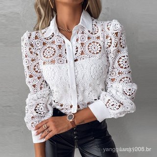 Nova Camisa de Renda Camisa Branca Top Elegante Roupa Feminina Elegante 2024 Camisa de Escritório Primavera Outono