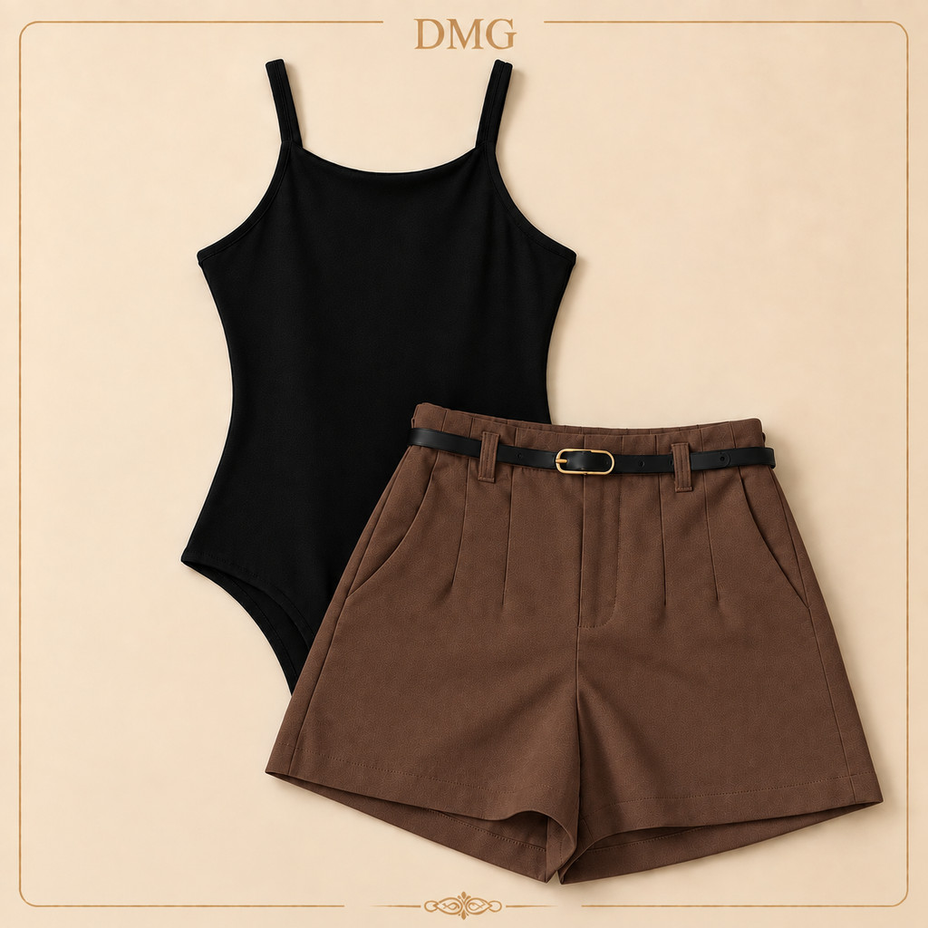 Conjunto Body Alcinha Short Social Alfaiataria Cintura Alta com Cinto Elegante 2026
