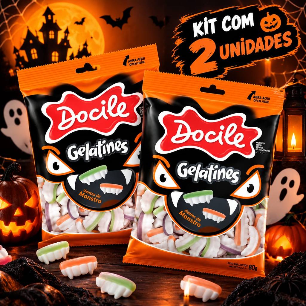 Kit Com 2 Unidades Bala de Gelatina Halloween Dentes de Monstro Docile 80g