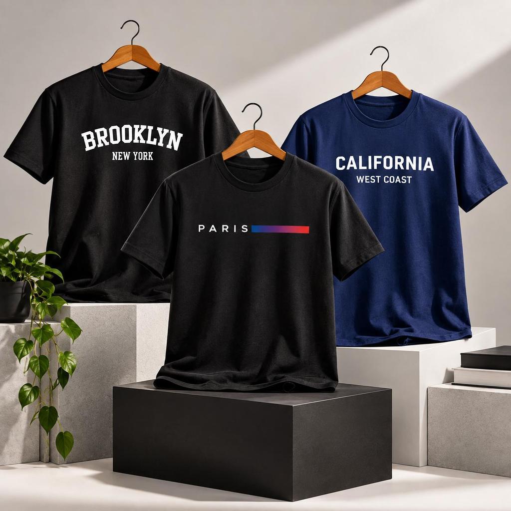 Kit3 Camisetas Masculina 100%Algodão Premium Camisa Estampada California Brooklyn Paris T-shirt Streetwear Presente Pai