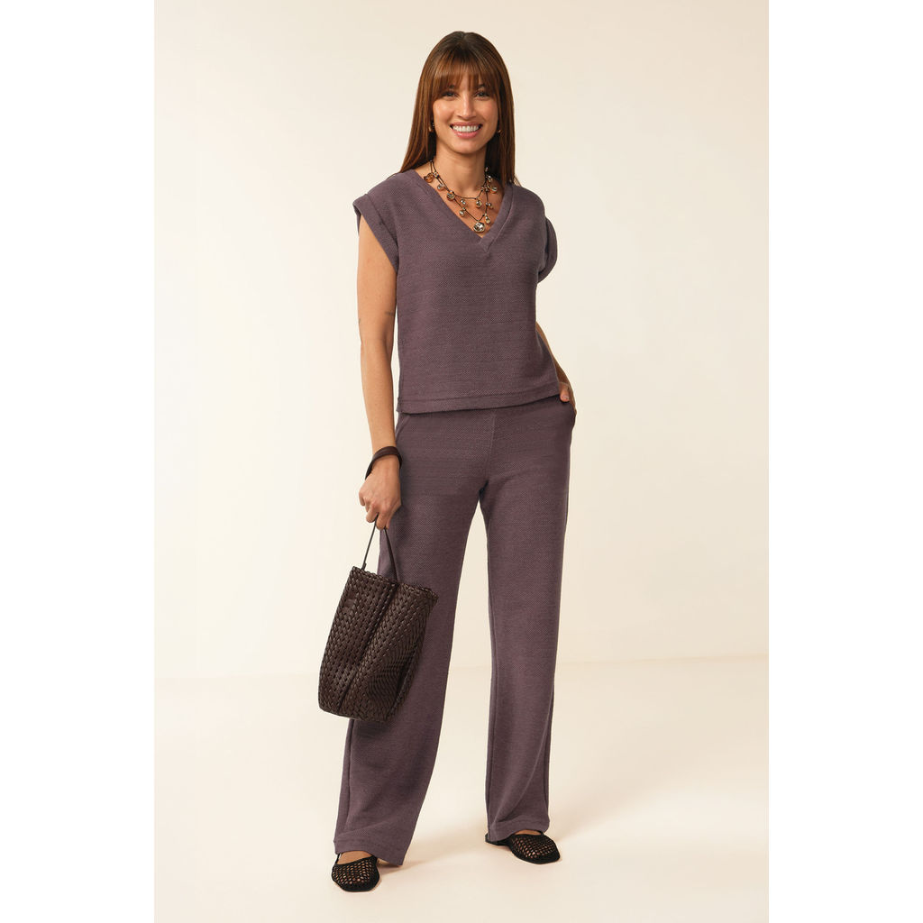 Calça Feminina Pantalona Tricô Linho Marialícia Roxo