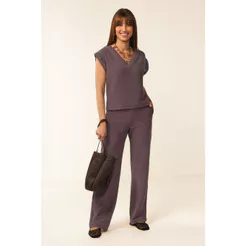 Calça Feminina Pantalona Tricô Linho Marialícia Roxo