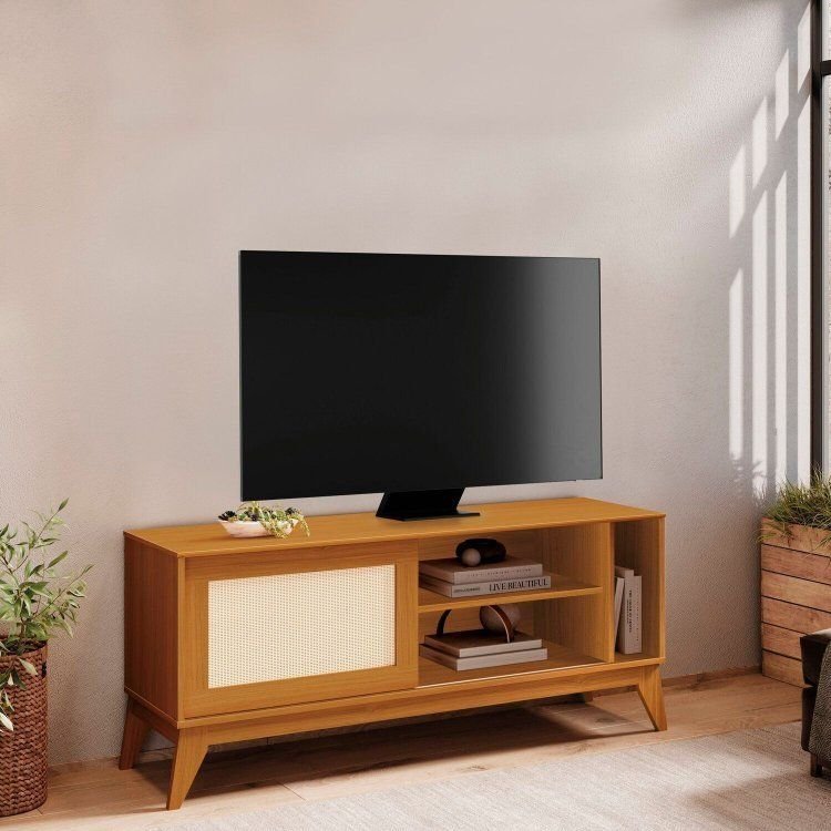 Rack para TV até 50 Polegadas 100% MDF 136cm Acabamento em Tela Rathan Cayman Cedro