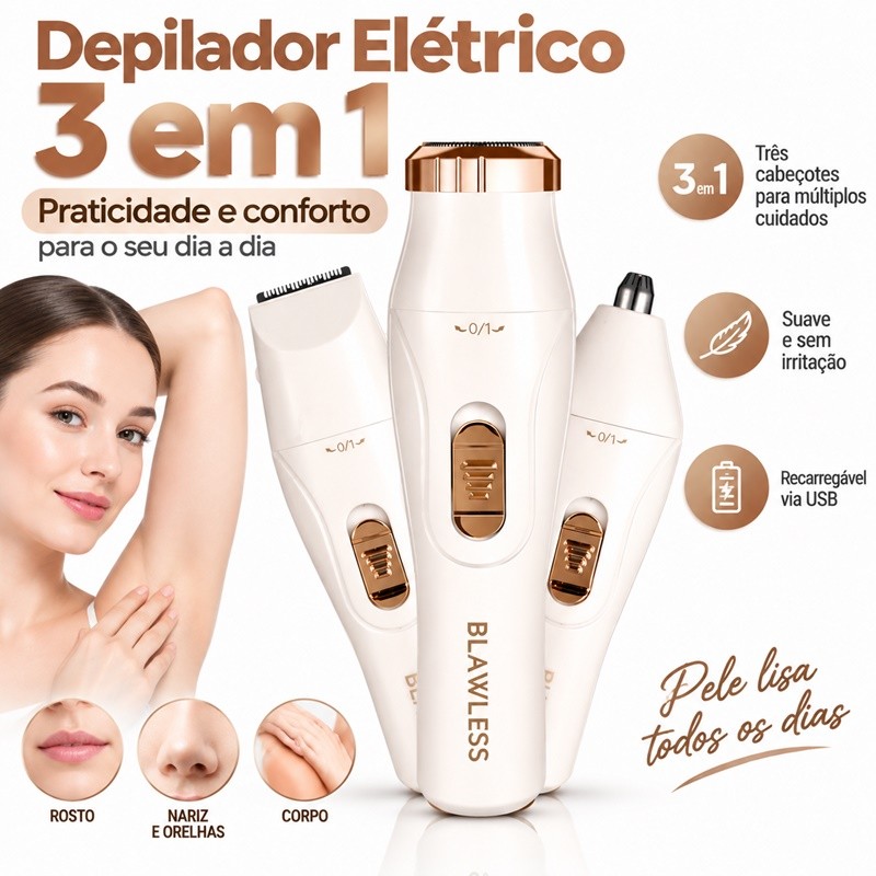Depiladora Elétrica 3 em 1 Recarregável – Corpo, Rosto, Sobrancelhas e Nariz