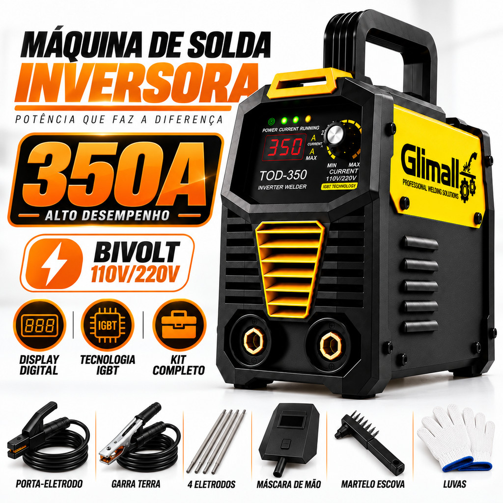 Máquina Inversora de Solda 350A Bivolt 110V/220V com IGBT Display Digital e Acessórios para Soldagem Completa