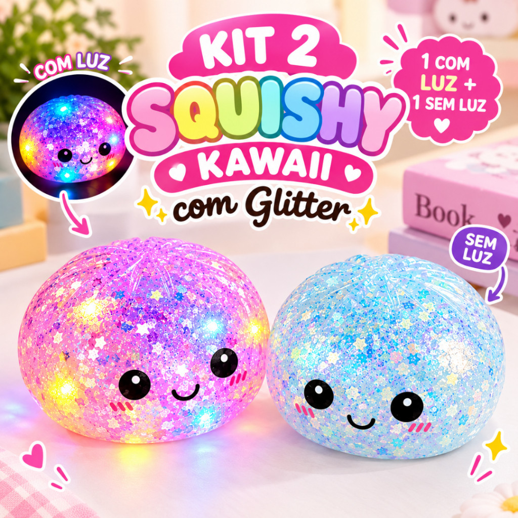 Kit 2 Squishy Dumpling com Glitter (1 Luz 1 Sem Brinquedo Sensorial)