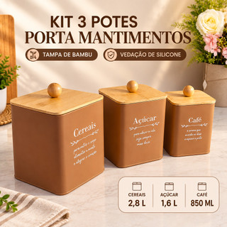 Pote Porta Mantimentos com Tampa de Bambu e Vedação de Silicone Cereais Açúcar e Café kit de pote