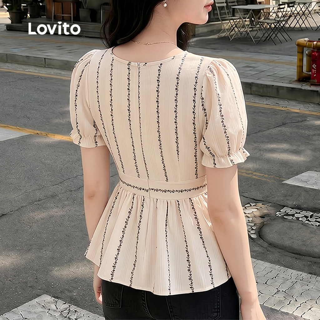 (Casual) Lovito Blusa com Barra Linha Estruturada para Primavera/verão para Mulheres Bordado L178ED2127