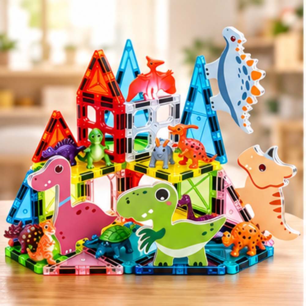 Blocos Magnéticos Infantil Dinossauro Brinquedo Educativo Montagem Criativa STEM +3 Anos SUPER QUALIDADE