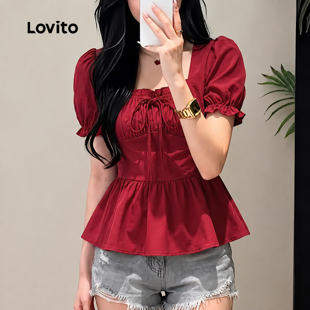 Blusa Lovito Casual com Amarração Frontal e Borda de Alface para Primavera Verão L158ED1152