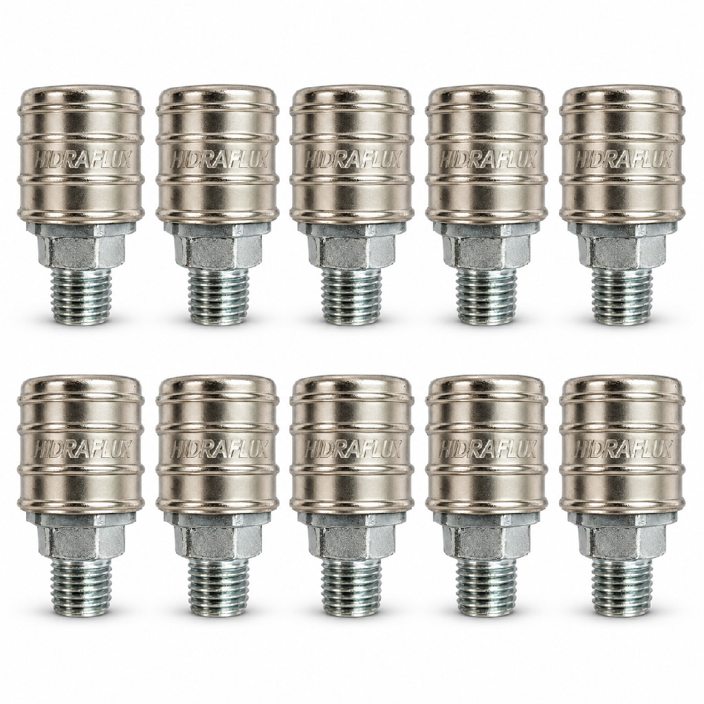 Kit 10 Engates Rápido para Ar Comprimido 1/4 Pol Rosca Macho 1/4 NPT Pneumático