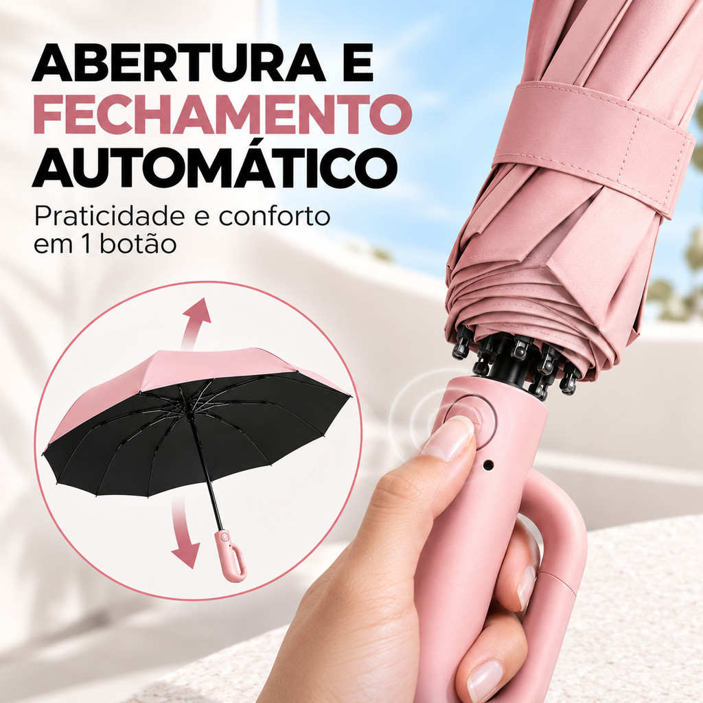 Guarda-Chuva Automático 12 Varetas Abre e Fecha com Cabo Alça Reforçado Anti Vento UPF 50+ Blackout