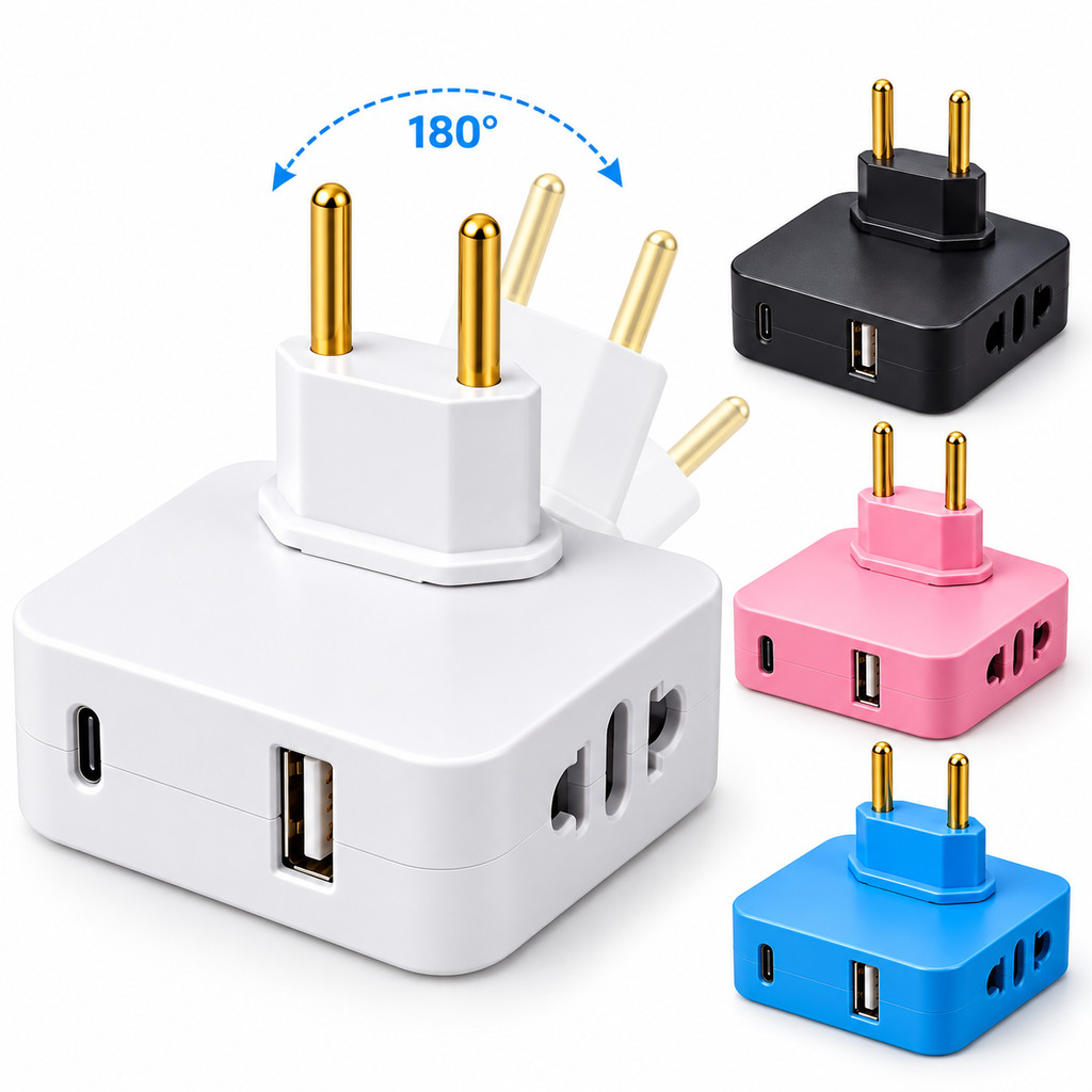 Imagem Adaptador de Tomada Internacional Universal Bivolt com USB e Type-C para Celular Notebook e Tablet
