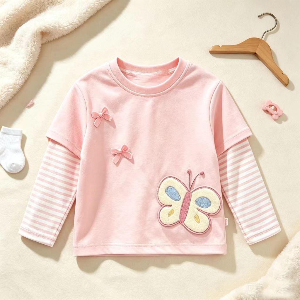 Meninas camiseta borboleta doce rosa falso de duas peças estilo ocidental manga comprida bonito listrado crianças outono