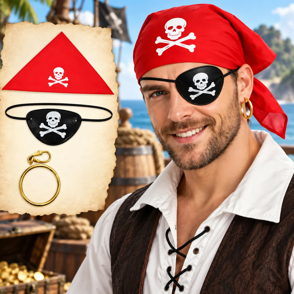 Kit Fantasia Pirata Bandana Tapa Olho Brinco Halloween