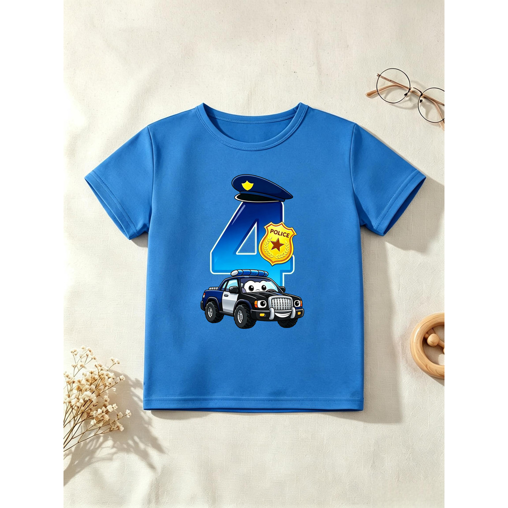 Nome Personalizado 4o Aniversário Carro De Polícia Impresso T Camisa Meninas/Meninos O Melhor Camiseta Engraçado Criança