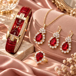 Kit 4 Peças Relógio Feminino Retangular Vermelho Dourado Colar Brincos Gota Anel Presente