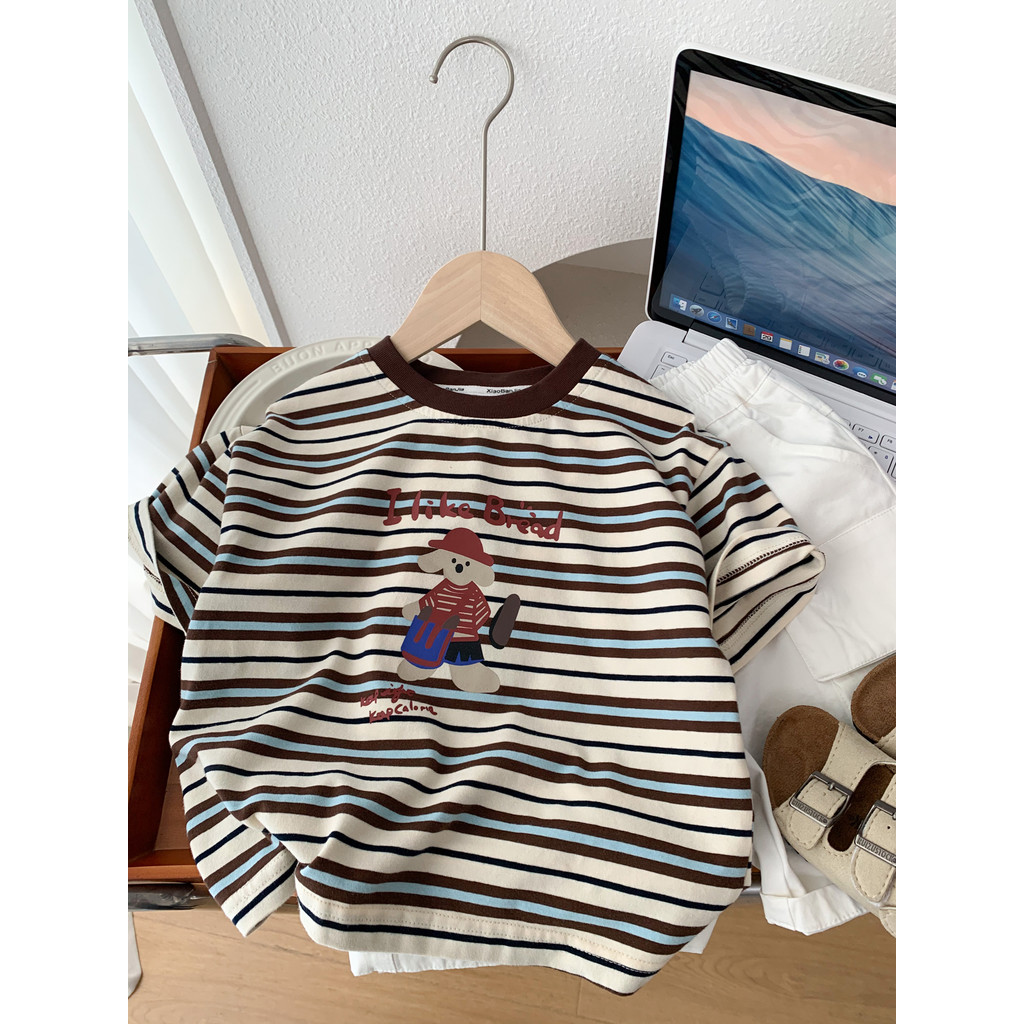 Crianças listrado camiseta de manga curta 2026 novo estilo meninos verão estilo ocidental meia manga t médio pequeno cri