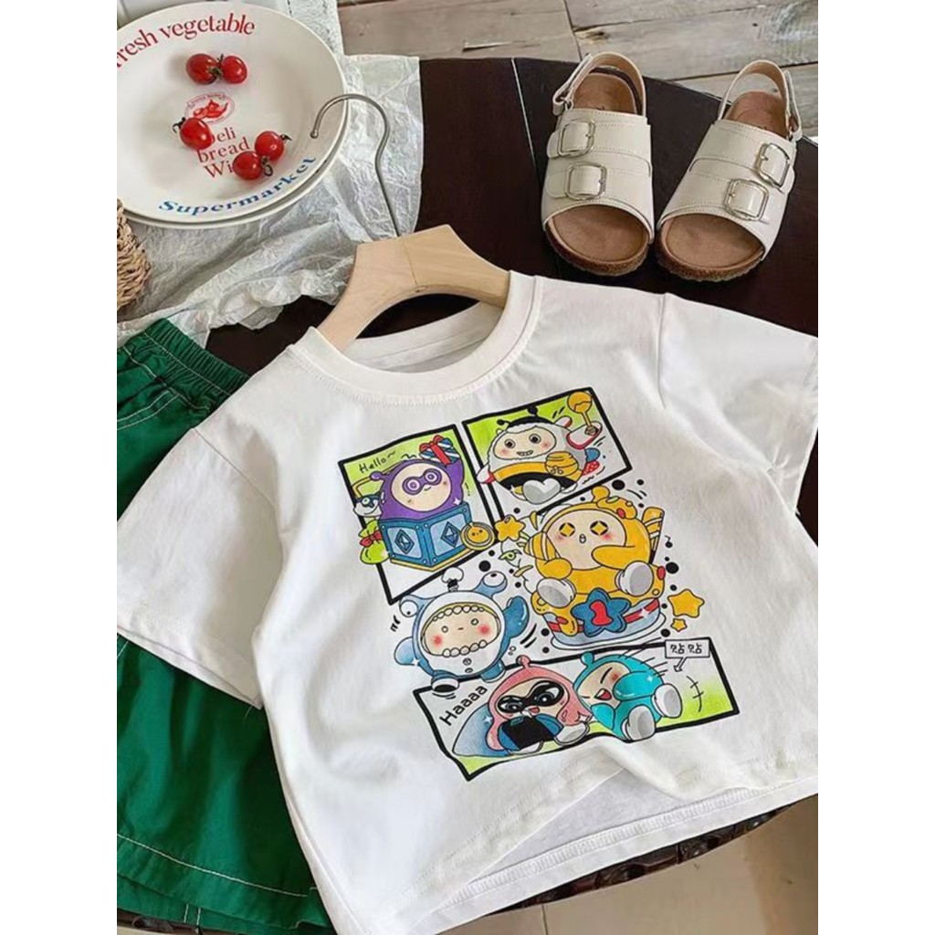 Camiseta de manga curta para meninos de algodão puro 2024 novo estilo verão crianças versão coreana ovo dos desenhos ani