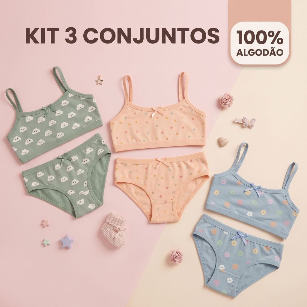 Kit 3 Conjunto Estampado Infantil Menina Top e Calcinha 100% Algodão Confortável