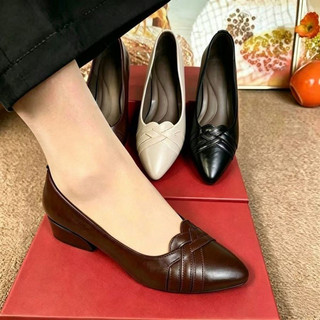 Wenzhou couro macio baixo salto grosso roupa Formal único sapatos femininos de três cores tecido cruzado bico fino boca 