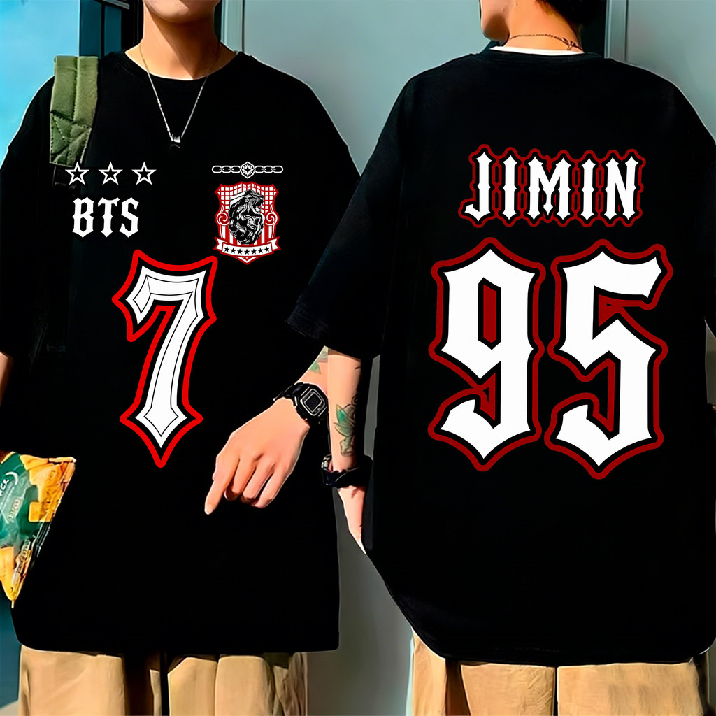 「Mina Hana」 Camiseta BTS Jimin Número 7 Frente e Verso Algodão Premium Unissex