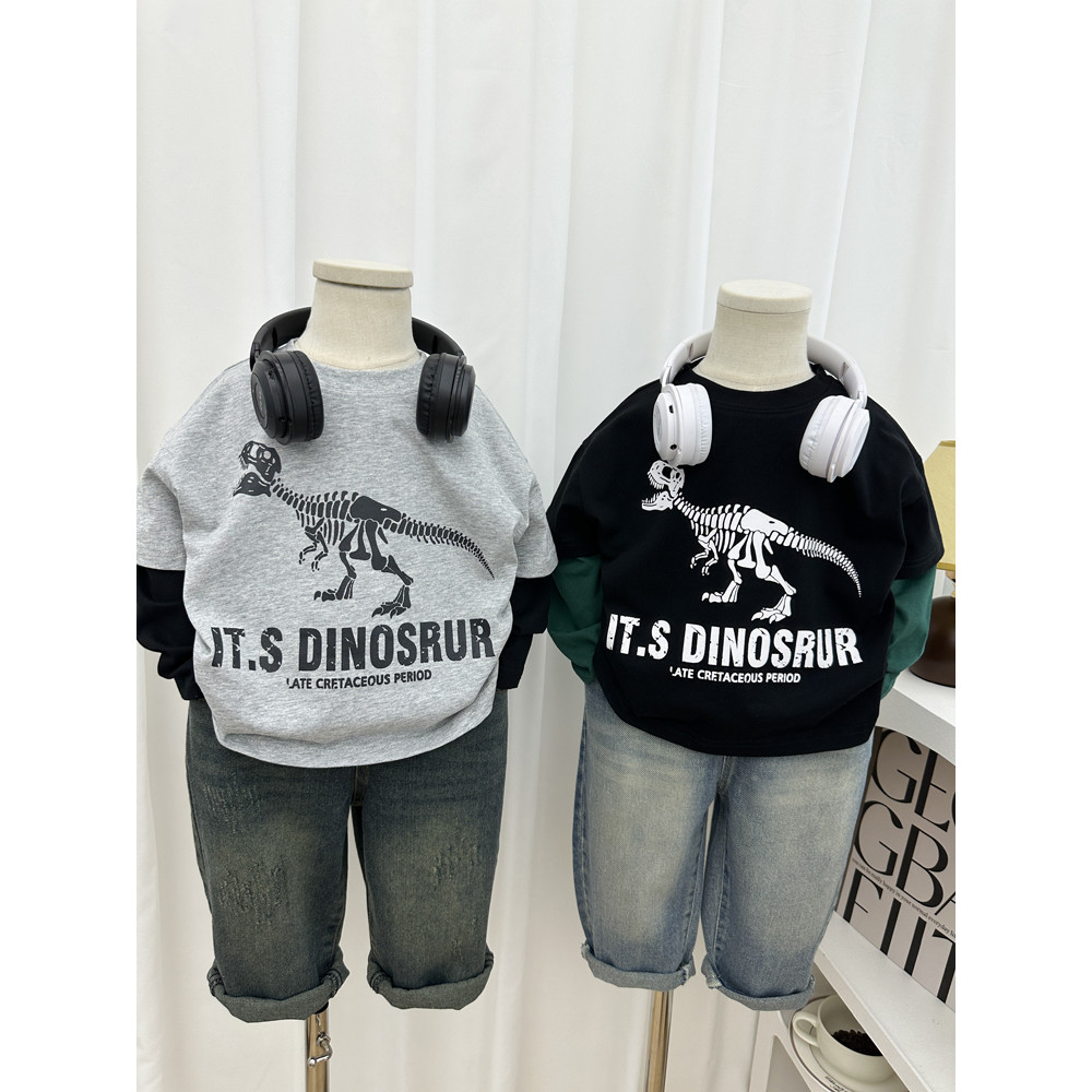 Meninos primavera outono manga comprida camiseta 2024 novo estilo dinossauro puro algodão Casual crianças falso de duas 