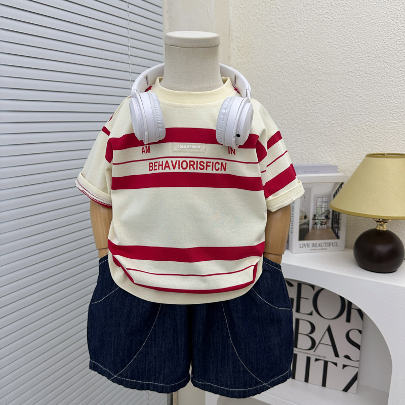 Meninos verão puro algodão de manga curta camiseta 2025 novo estilo crianças fino meia manga meninos verão fino listrado