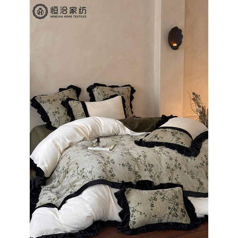 Estilo Retro francês 200G leite quente veludo conjunto de quatro peças flor esculpida engrossado colcha capa inverno cam