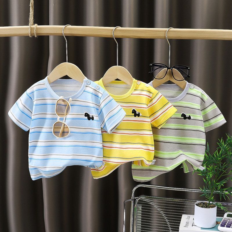 Crianças de manga curta camiseta puro algodão verão novo estilo bebê listrado roupas meninos topos meninas meio-