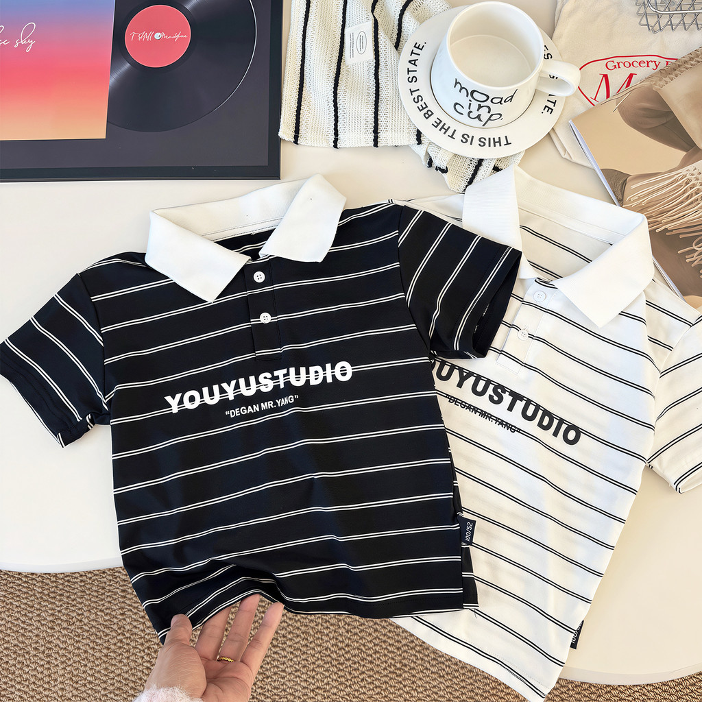 Crianças camisa POLO de manga curta 2026 verão novo estilo menino listrado lapela de manga curta camiseta bebê respiráve