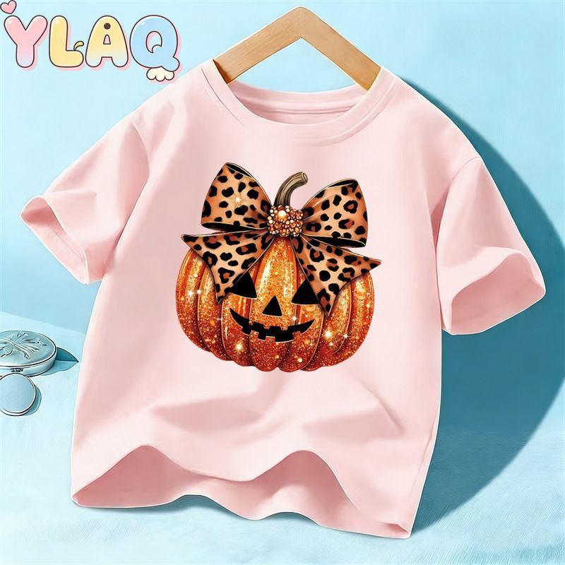 Halloween Leopardo Arco Abóbora Impressão Crianças Camiseta Unissex Meninos Meninas Manga Curta Tripulação Pescoço