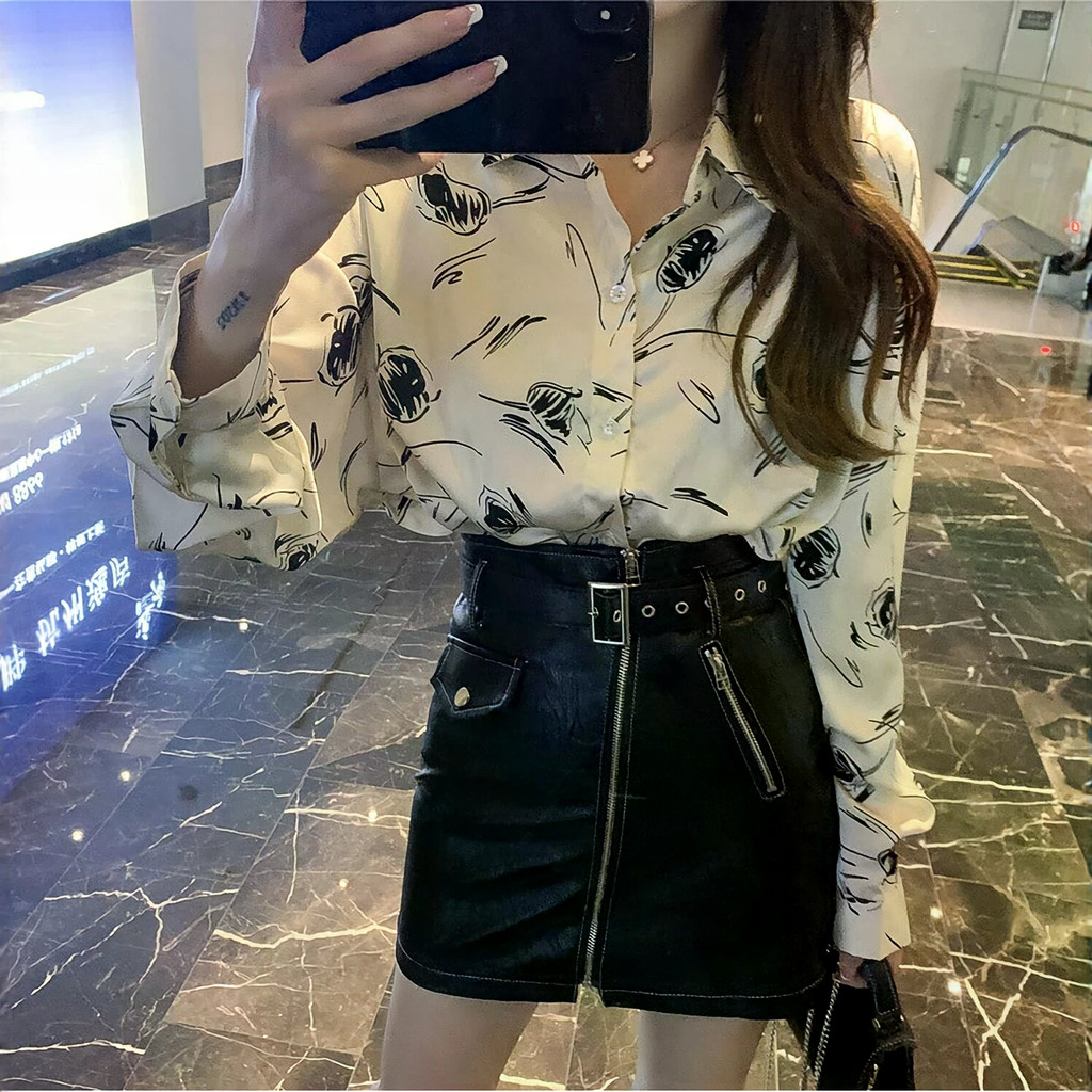 Mulher Primavera Outono Estilo Blusas Camisas Senhora Casual Manga Longa Turn-down Colarinho Flor Impresso Blusa Topos