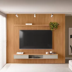 Painel Ripado para TV até 75 Polegadas MDF 300CMX250CM Modular 1 Nicho 1 Prateleira Marrom Nature/Off White