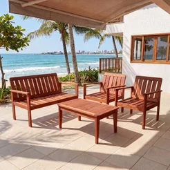 Conjunto para Jardim com 1 Sofá 2 Poltronas 1 Mesa de Centro Madeira Maciça Marrom Natural