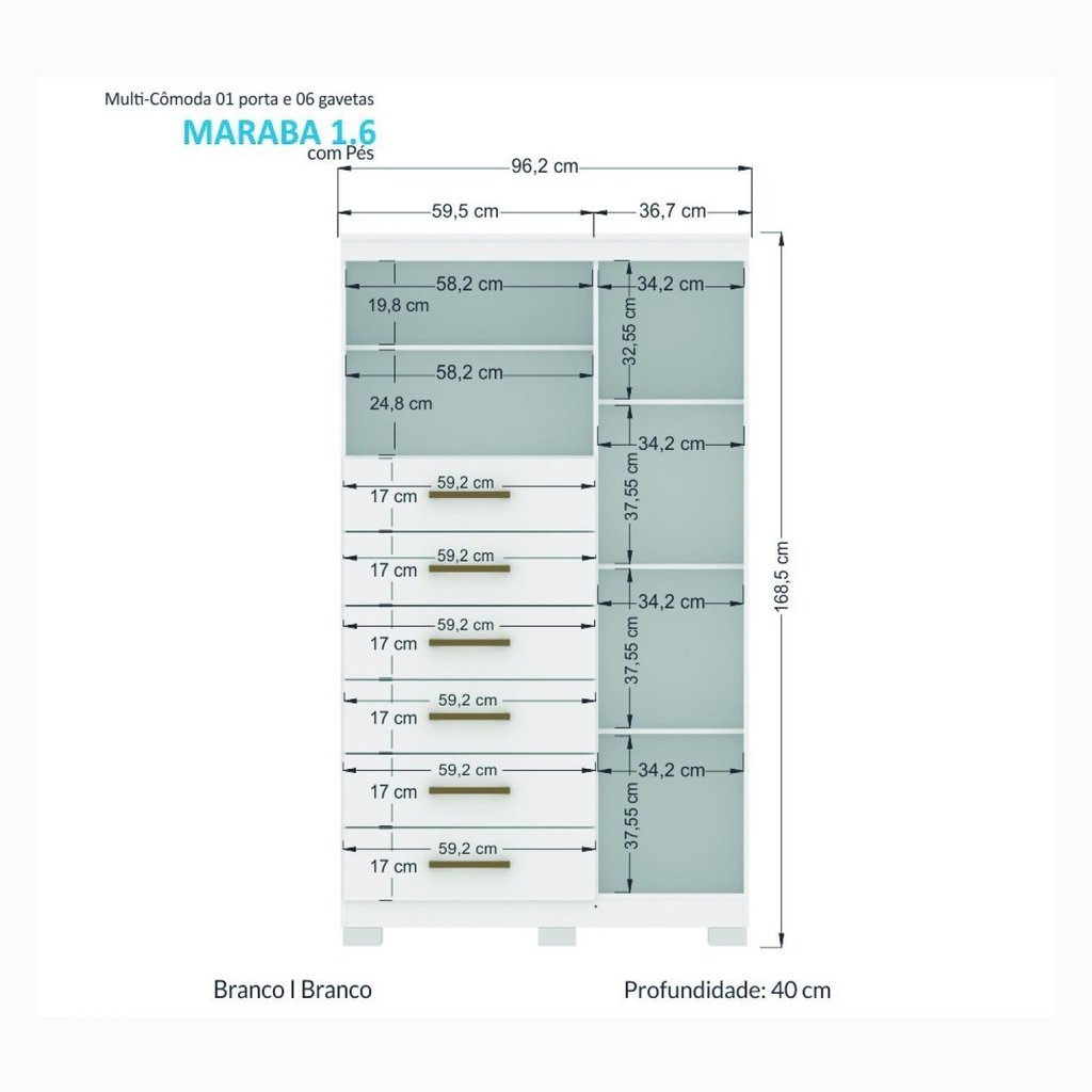 Multi-Cômoda 1 Porta 6 Gavetas Marabá com Pés Branco Branco · foto 2