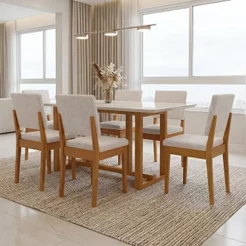 Conjunto Sala de Jantar 6 Cadeiras Tampo de Vidro Filadélfia Natural Cerejeira/Off White/Cinza Cerejeira/Off